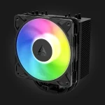 Arctic Freezer 36-S A-RGB Black — წინა და გვერდითი ხედი ჩართული A-RGB ვენტილატორით