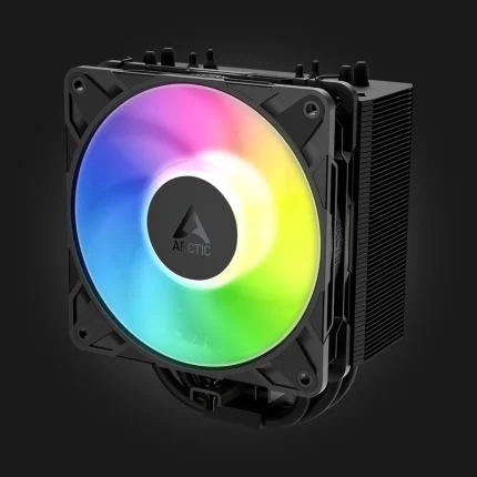 Arctic Freezer 36-S A-RGB Black — წინა და გვერდითი ხედი ჩართული A-RGB ვენტილატორით