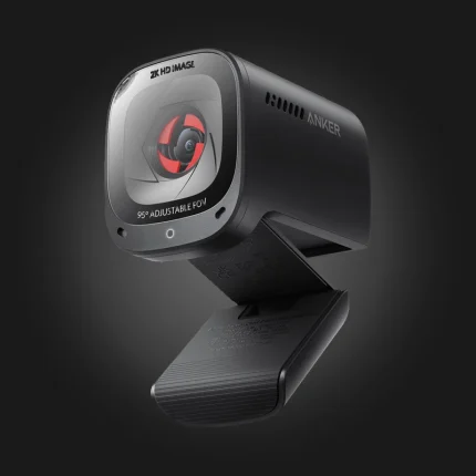 Anker PowerConf C200 — წინა ხედი და სრულად გახსნილი სამაგრი