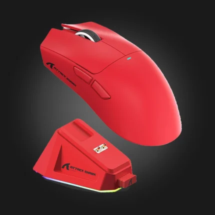Attack Shark X11 Red წითელი მაუსი — დამტენ სადგამთან ერთად, რაკურსით