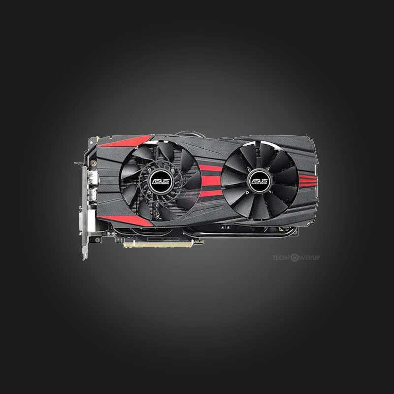 ASUS GeForce GTX 960 2GB DirectCU II — supplied reference front view ASUS GeForce GTX 960 2GB DirectCU II — წინა ხედი, შავ-წითელი გაგრილების საფარი