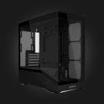 Lian Li VECTOR V100 MINI Black — შავი ქეისი ფანების გარეშე, წინა და გვერდითი ხედი