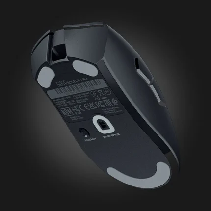 Razer DeathAdder V3 Pro Black — ქვედა და გვერდითი ხედი, სენსორი და PTFE ფეხები
